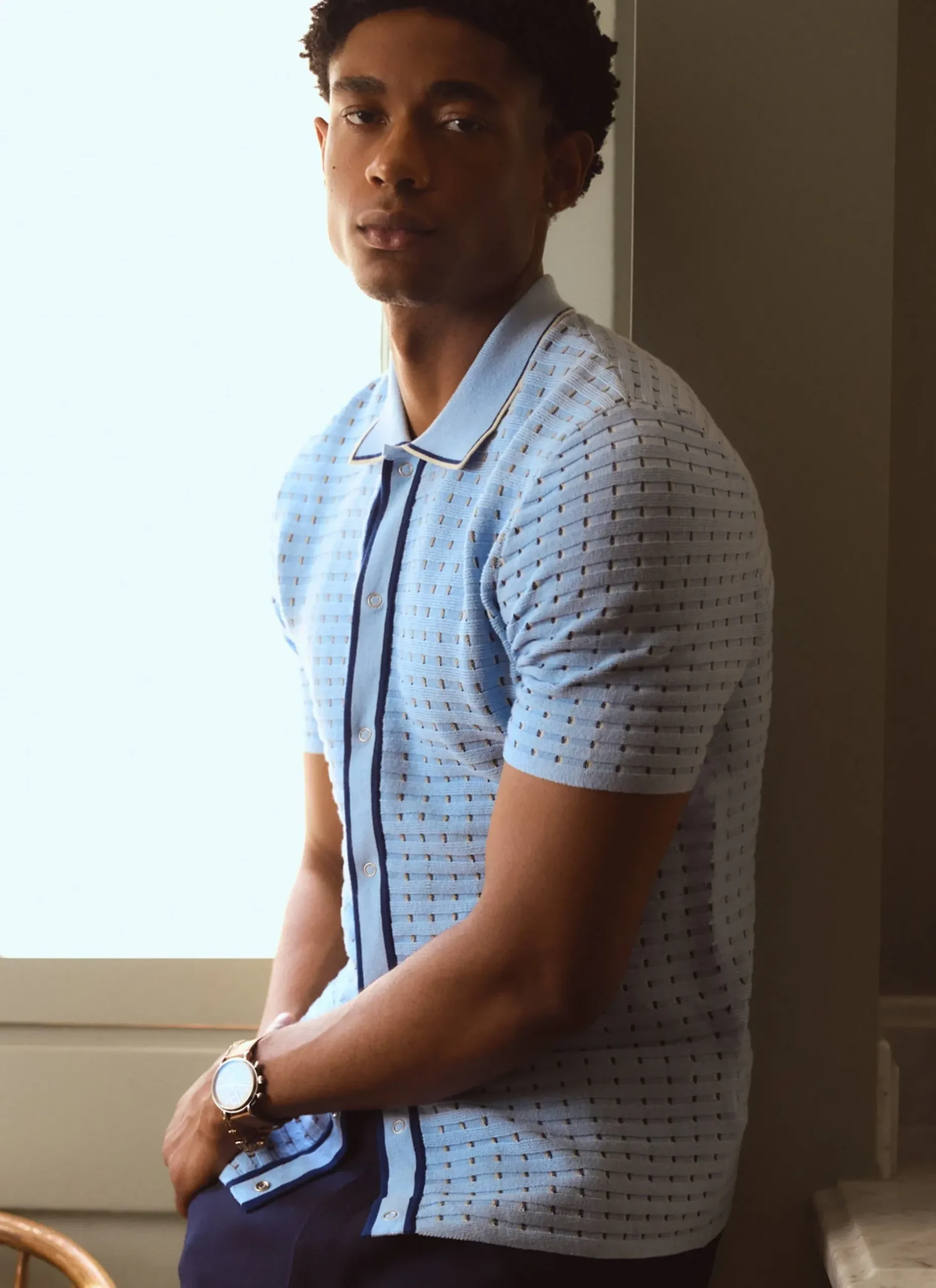 Percival Short Sleeve Shirts|Knitted Shirts^Broken Stripe Knitted Shirt Blue