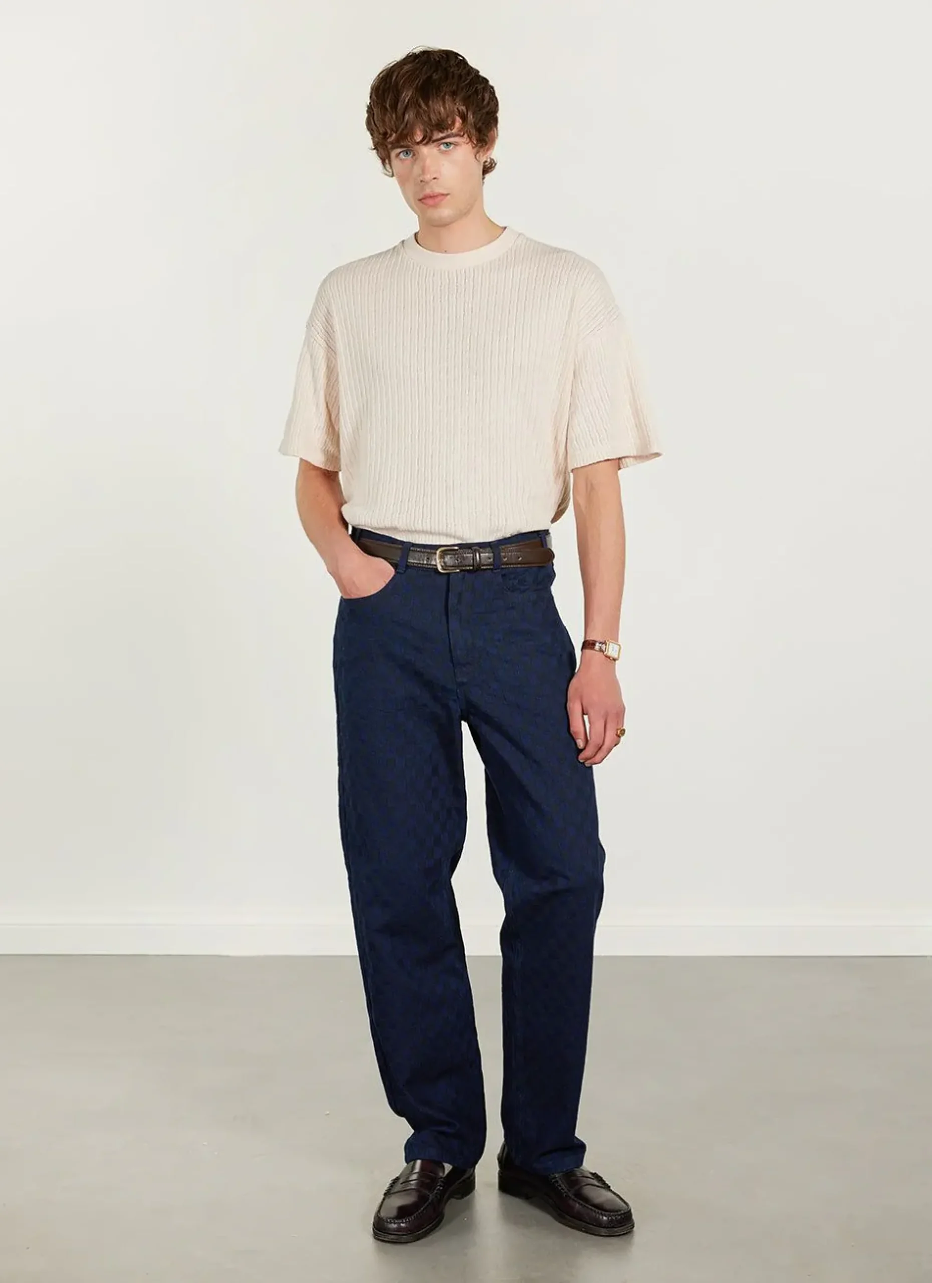 Percival Straight Leg Trousers^Checkerboard Denim 5 Pocket Trousers Navy With Black