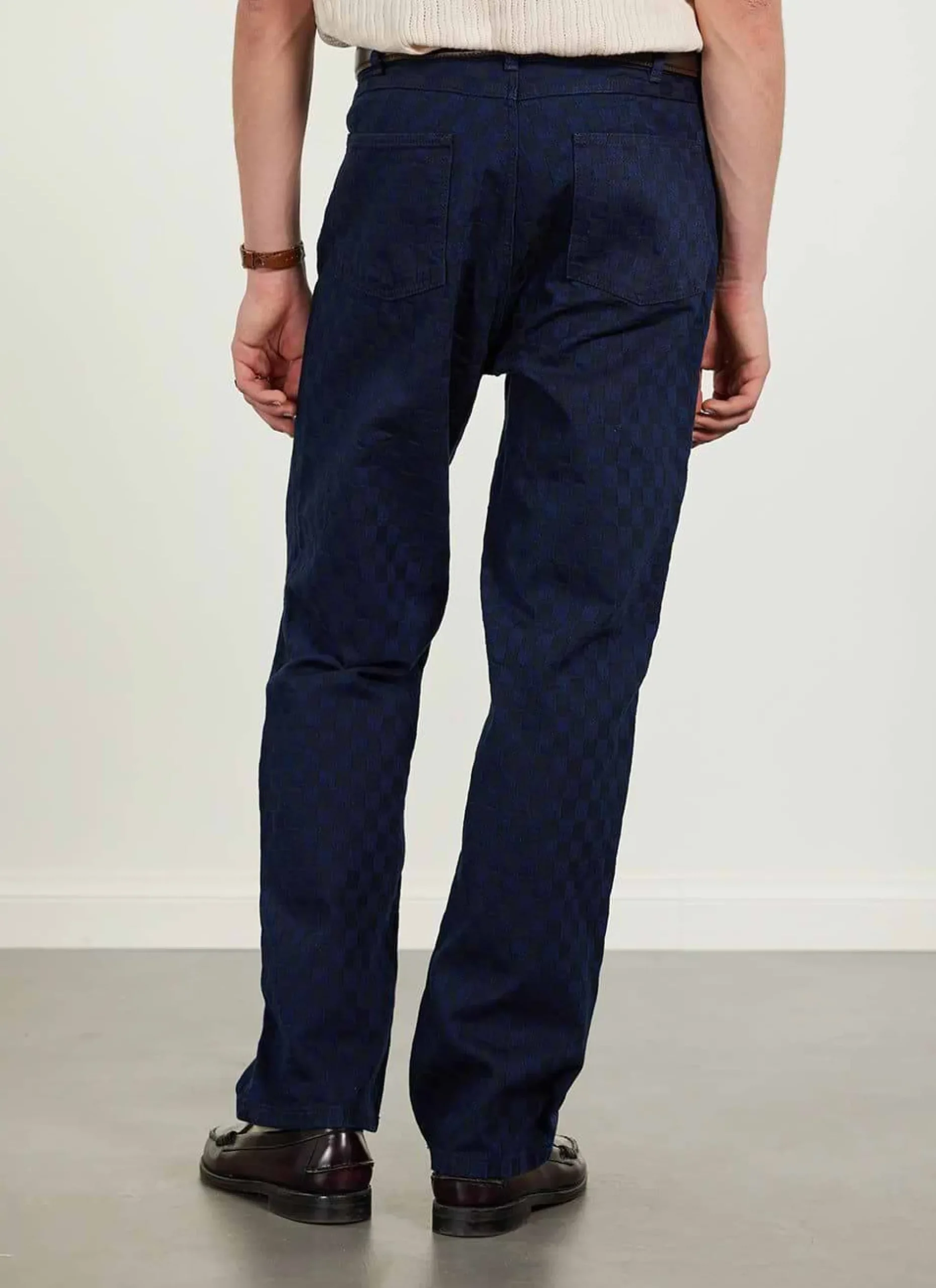 Percival Straight Leg Trousers^Checkerboard Denim 5 Pocket Trousers Navy With Black