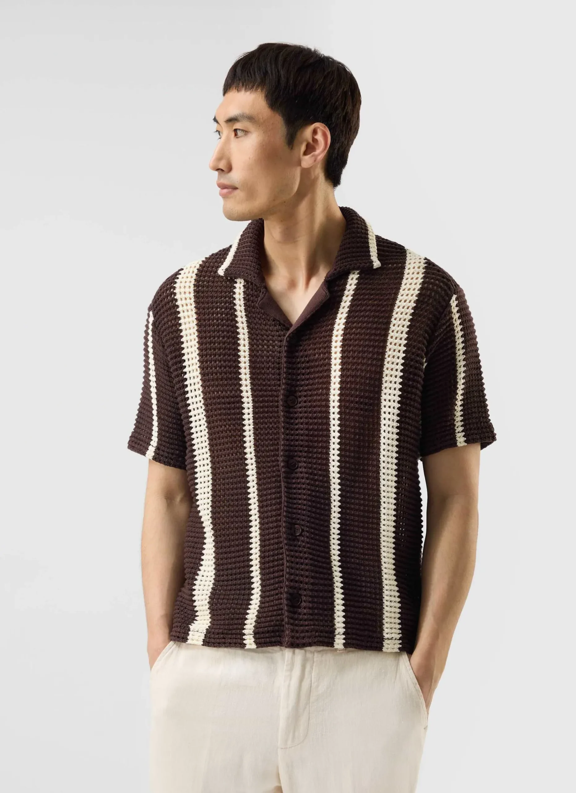 Percival Short Sleeve Shirts|Knitted Shirts^Conti Knitted Stripe Shirt Brown with Ecru