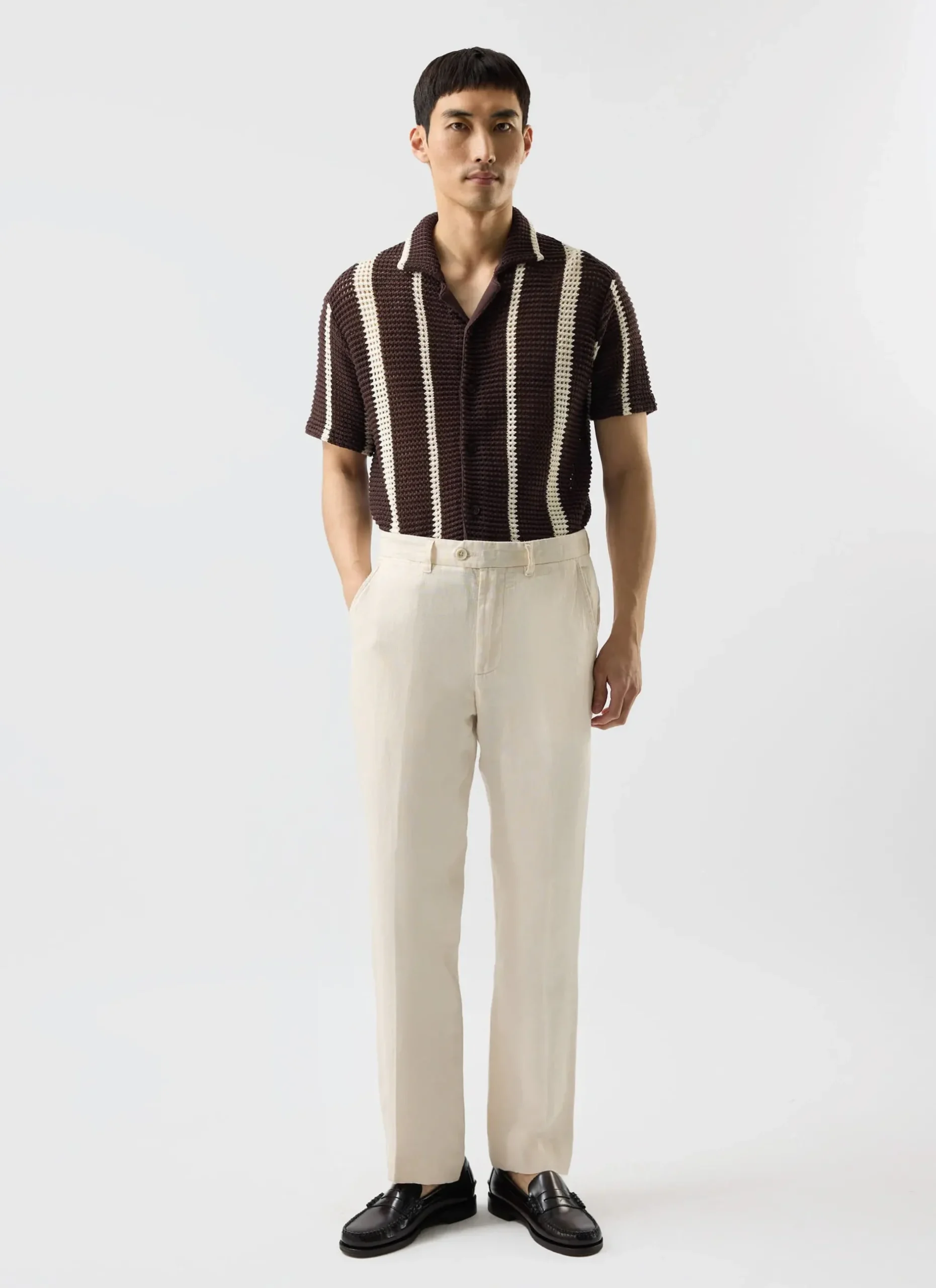 Percival Short Sleeve Shirts|Knitted Shirts^Conti Knitted Stripe Shirt Brown with Ecru