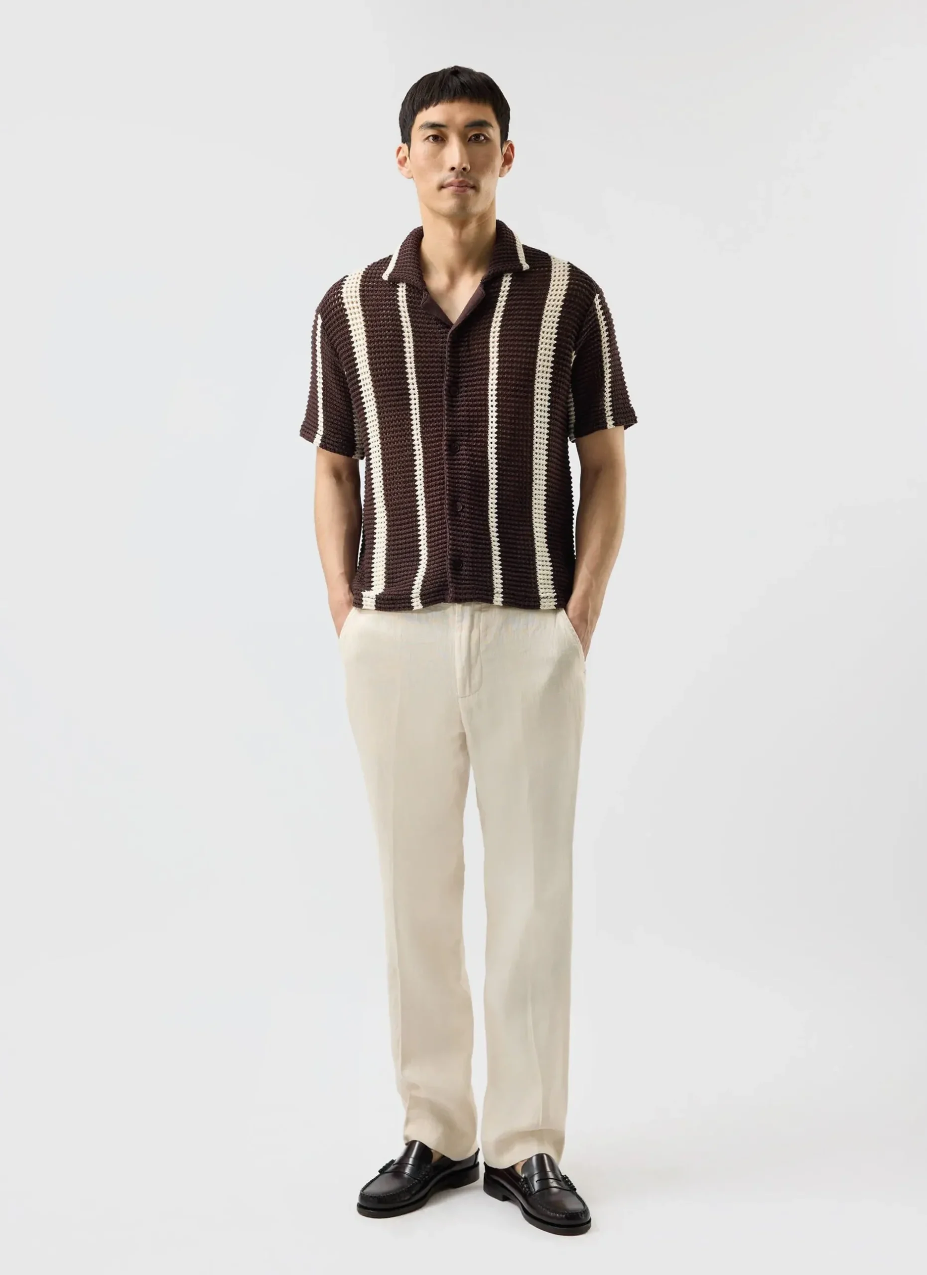 Percival Short Sleeve Shirts|Knitted Shirts^Conti Knitted Stripe Shirt Brown with Ecru