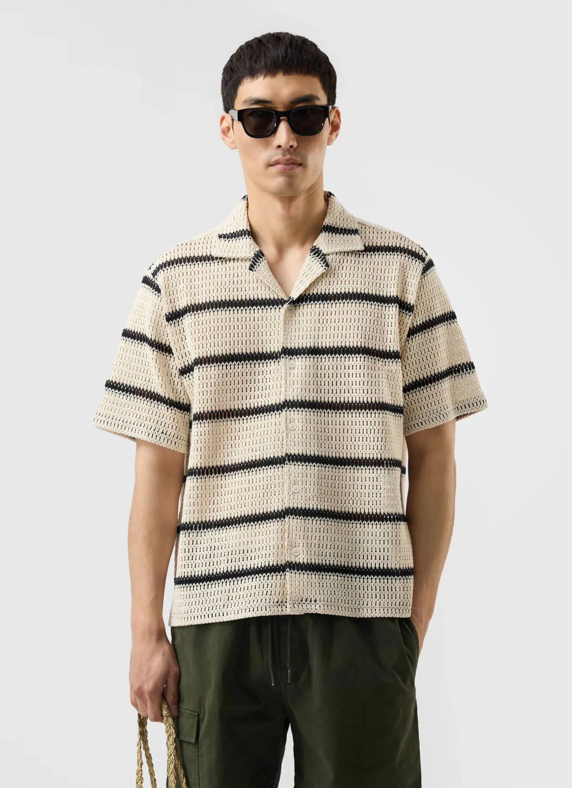 Percival Short Sleeve Shirts|Knitted Shirts^Crochet Groundsman Cuban Shirt Ecru with Black