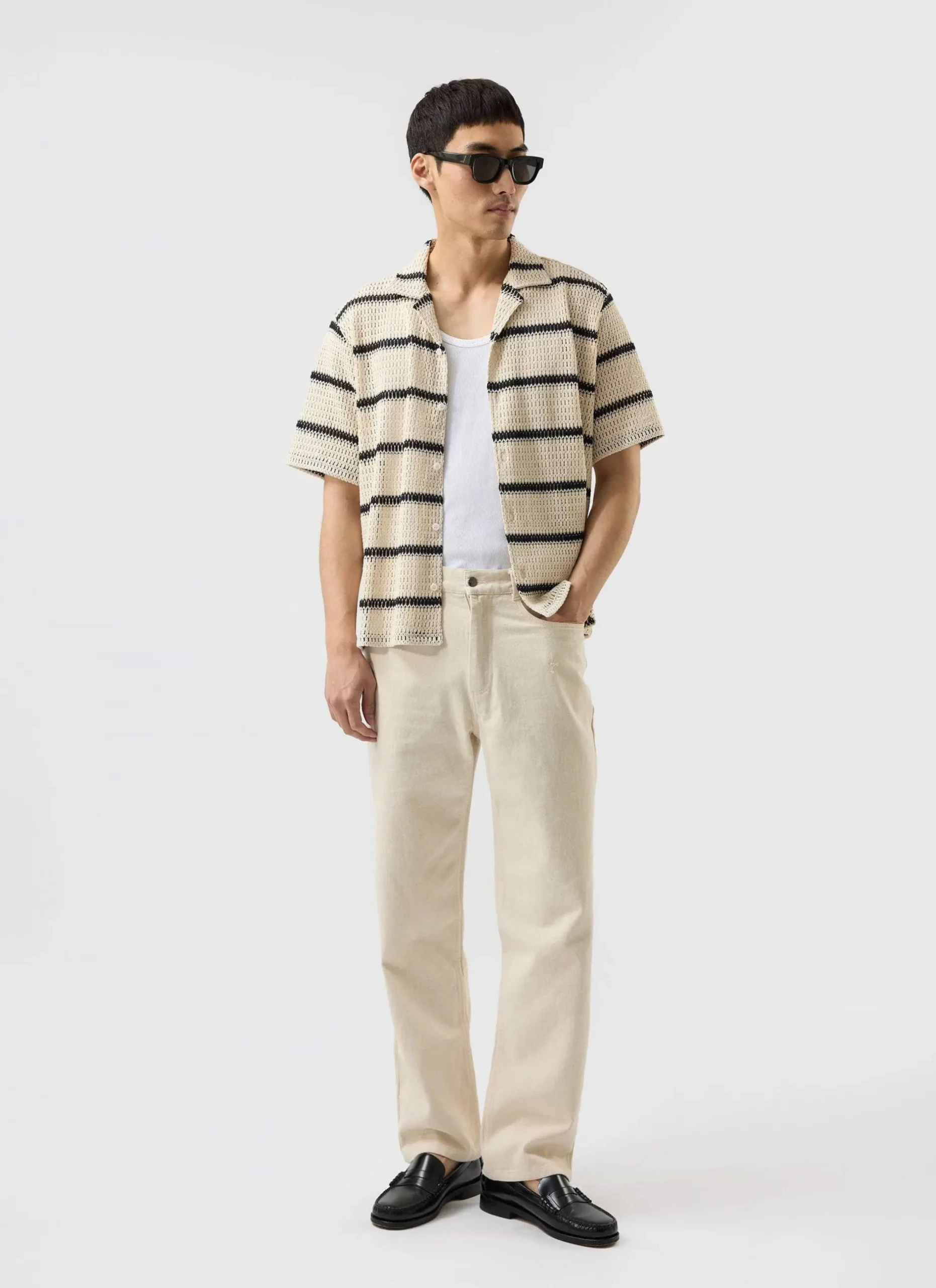 Percival Short Sleeve Shirts|Knitted Shirts^Crochet Groundsman Cuban Shirt Ecru with Black