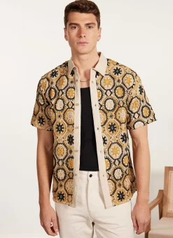 Percival Short Sleeve Shirts|Crochet Shirts^Crochet Short Sleeve Shirt Tan and Black