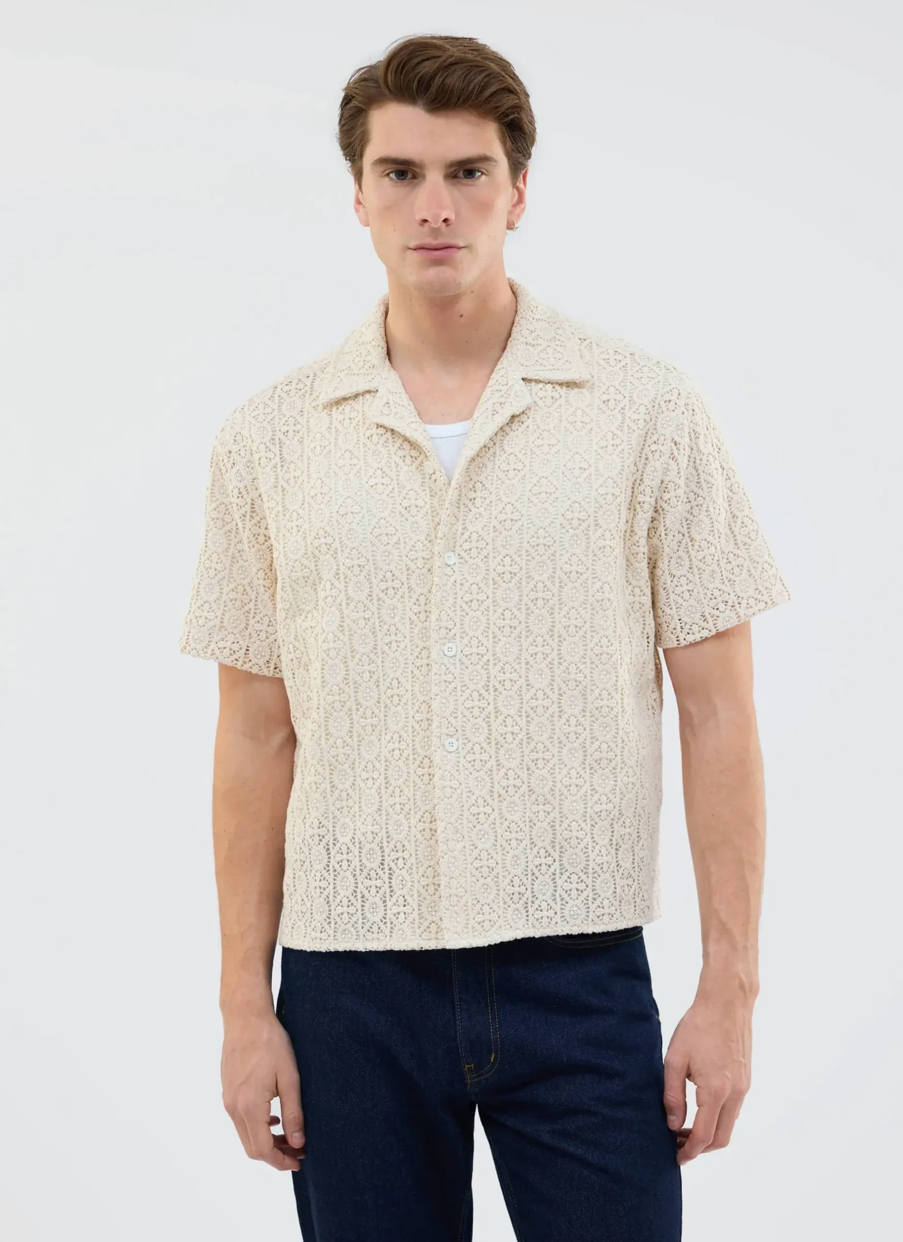 Percival Short Sleeve Shirts|Knitted Shirts^Elio Crochet Cuban Shirt Ecru