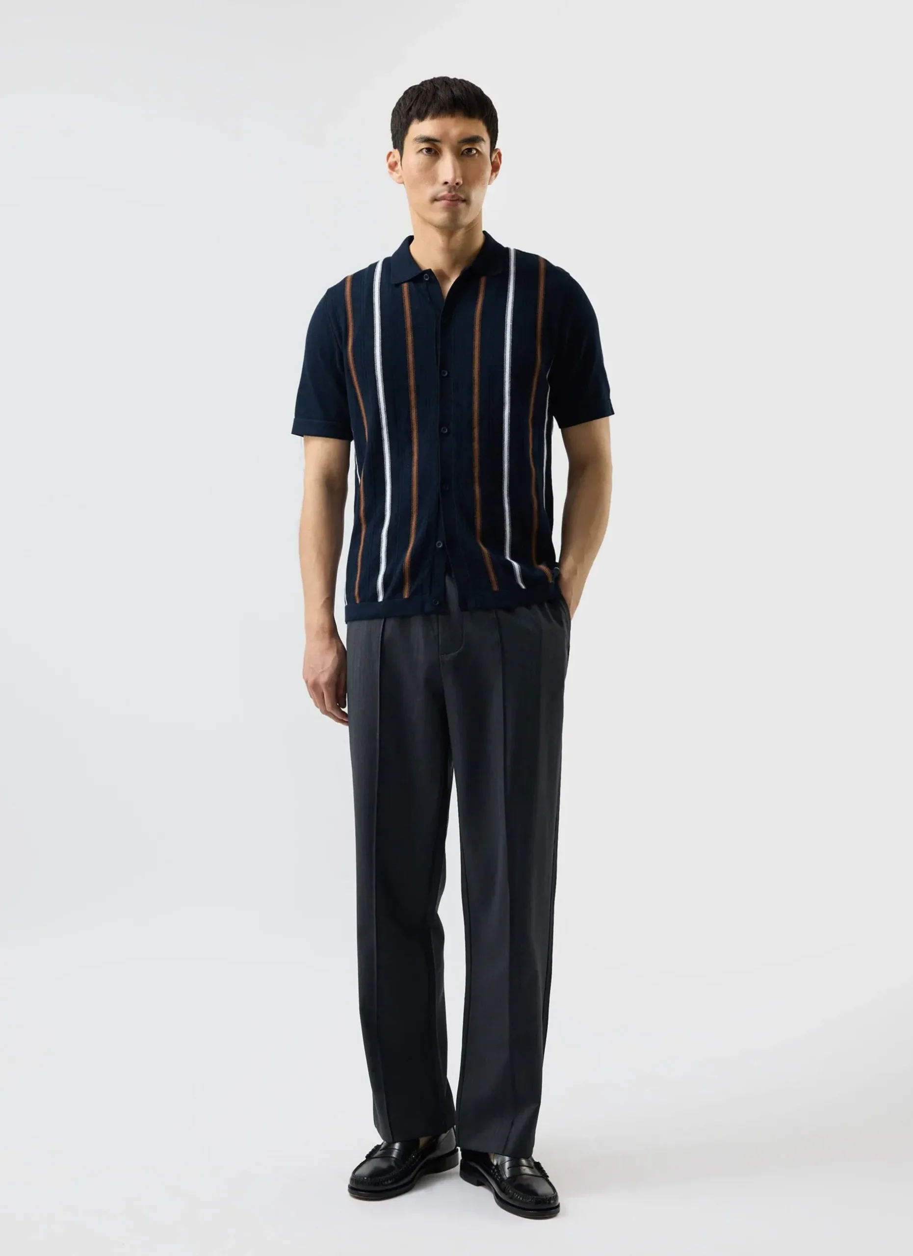 Percival Short Sleeve Shirts|Knitted Shirts^Knitted Cotton Stripe Short Sleeve Shirt Navy
