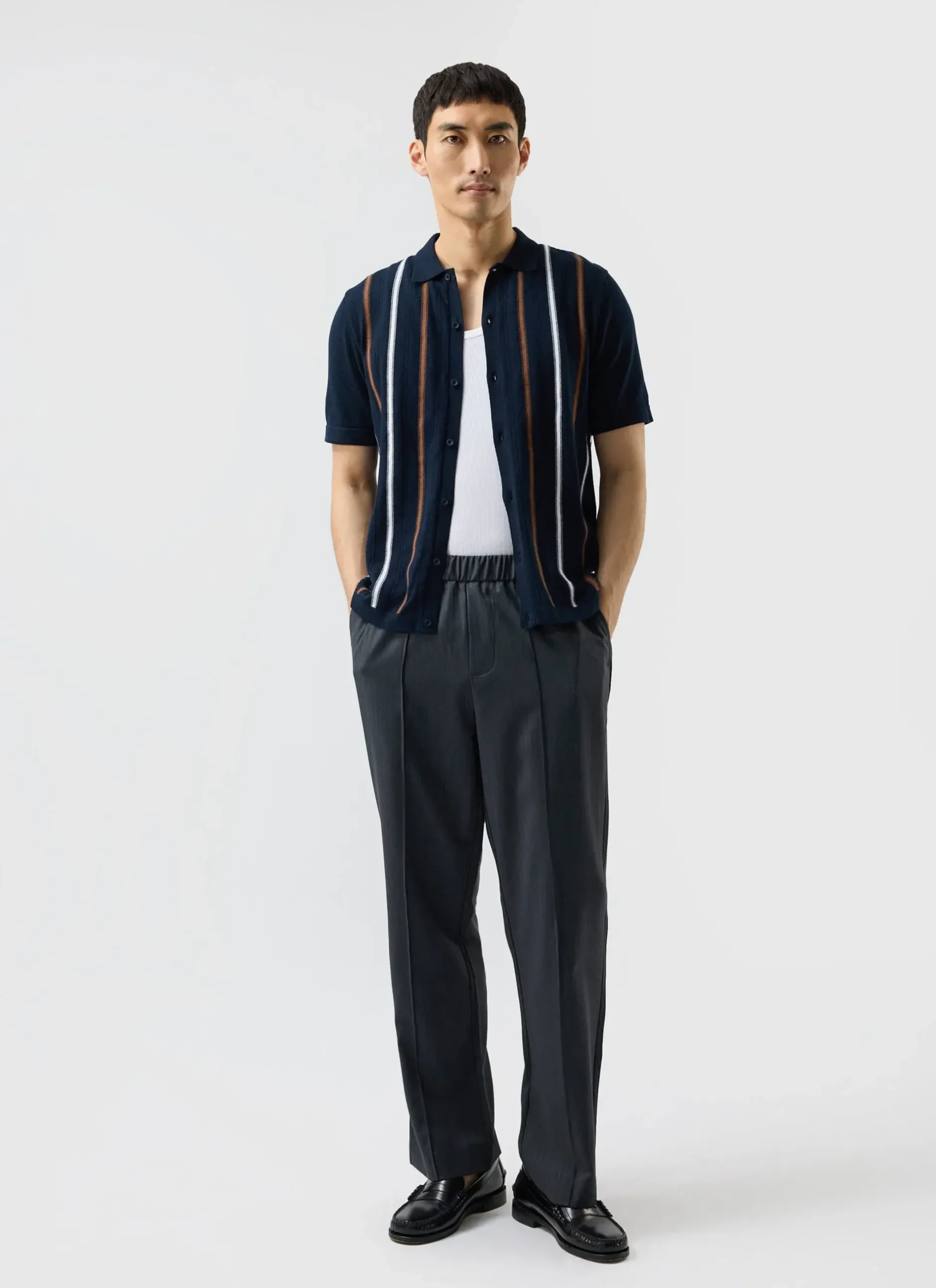 Percival Short Sleeve Shirts|Knitted Shirts^Knitted Cotton Stripe Short Sleeve Shirt Navy