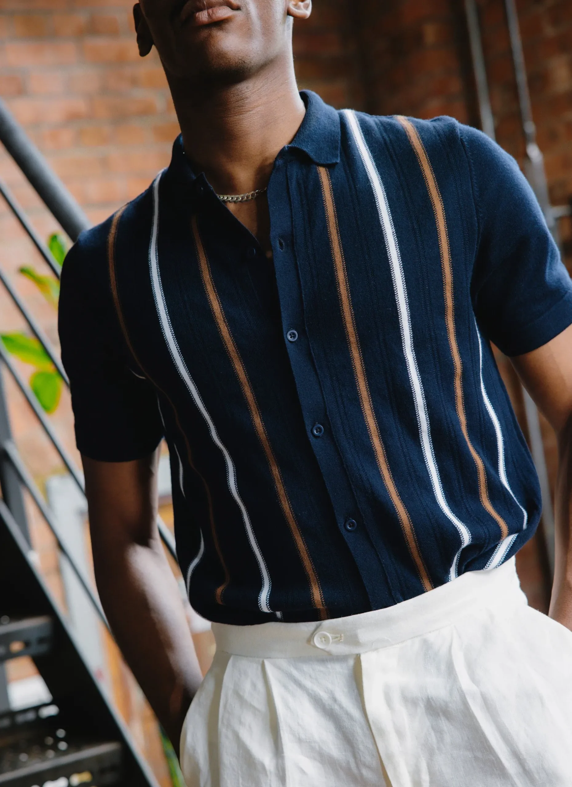 Percival Short Sleeve Shirts|Knitted Shirts^Knitted Cotton Stripe Short Sleeve Shirt Navy