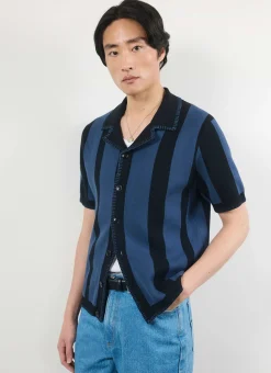 Percival Knitted Shirts|Knitted Polo Shirts & Knitted Shirts^Knitted Stripe Cuban Shirt Navy