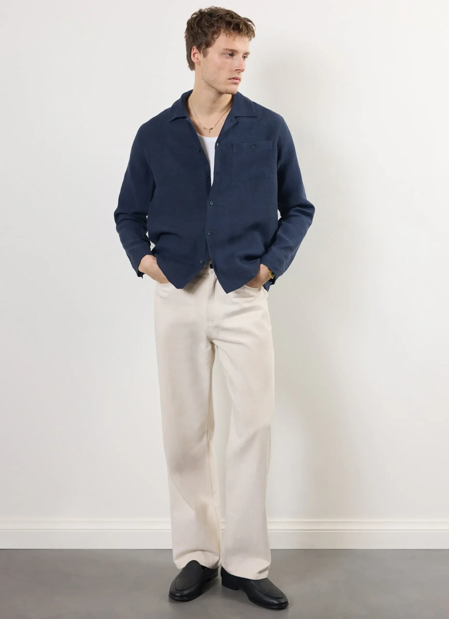 Percival Linen Shirts|Linen Shirts^Long Sleeve Cuban Linen Shirt Navy