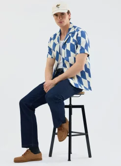 Percival Short Sleeve Shirts^Market Diamond Cuban Shirt Ecru with Navy