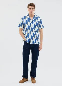 Percival Short Sleeve Shirts^Market Diamond Cuban Shirt Ecru with Navy