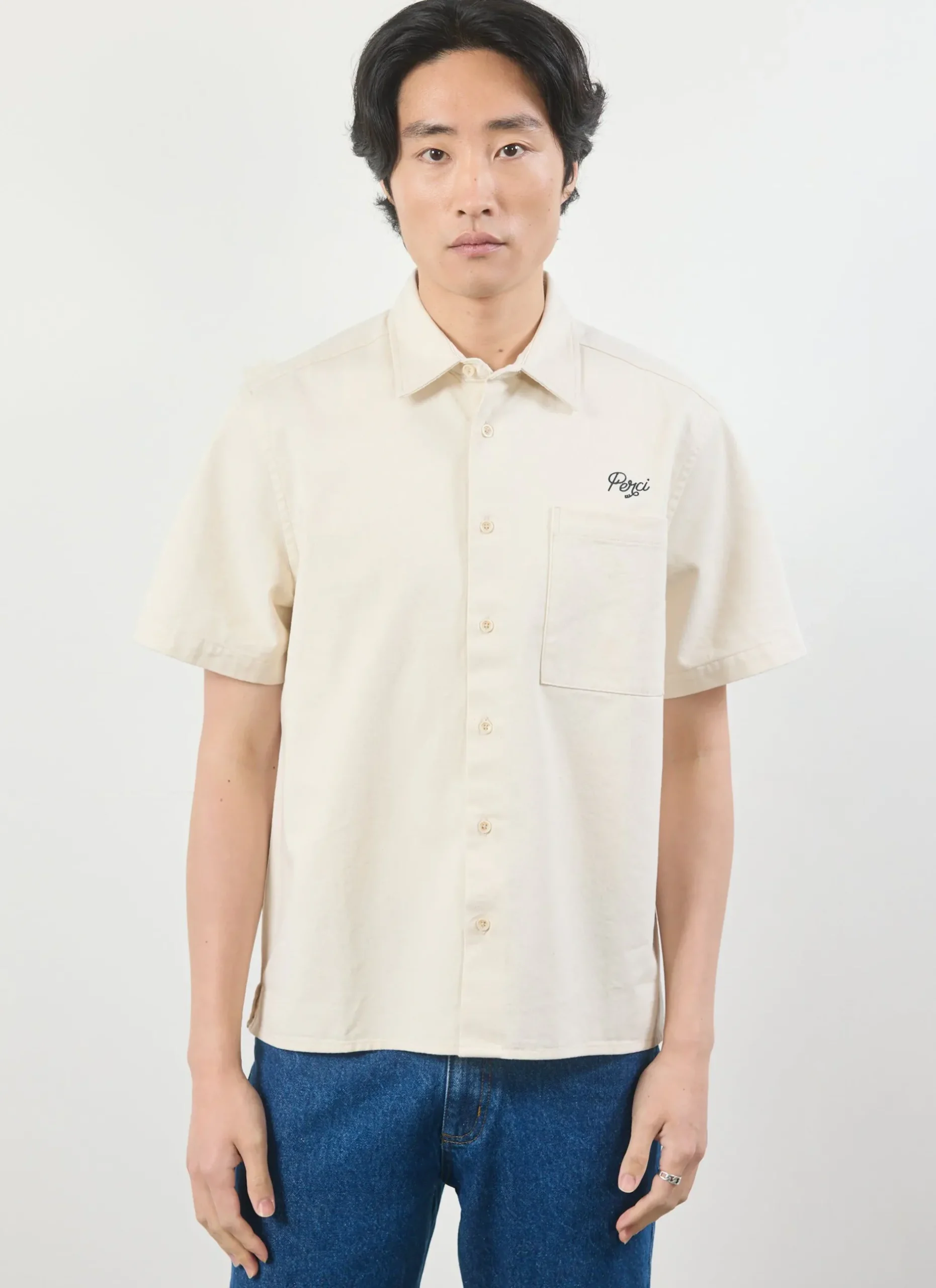 Percival Short Sleeve Shirts|Knitted Shirts^Olive Embroidered Cropped Shirt White
