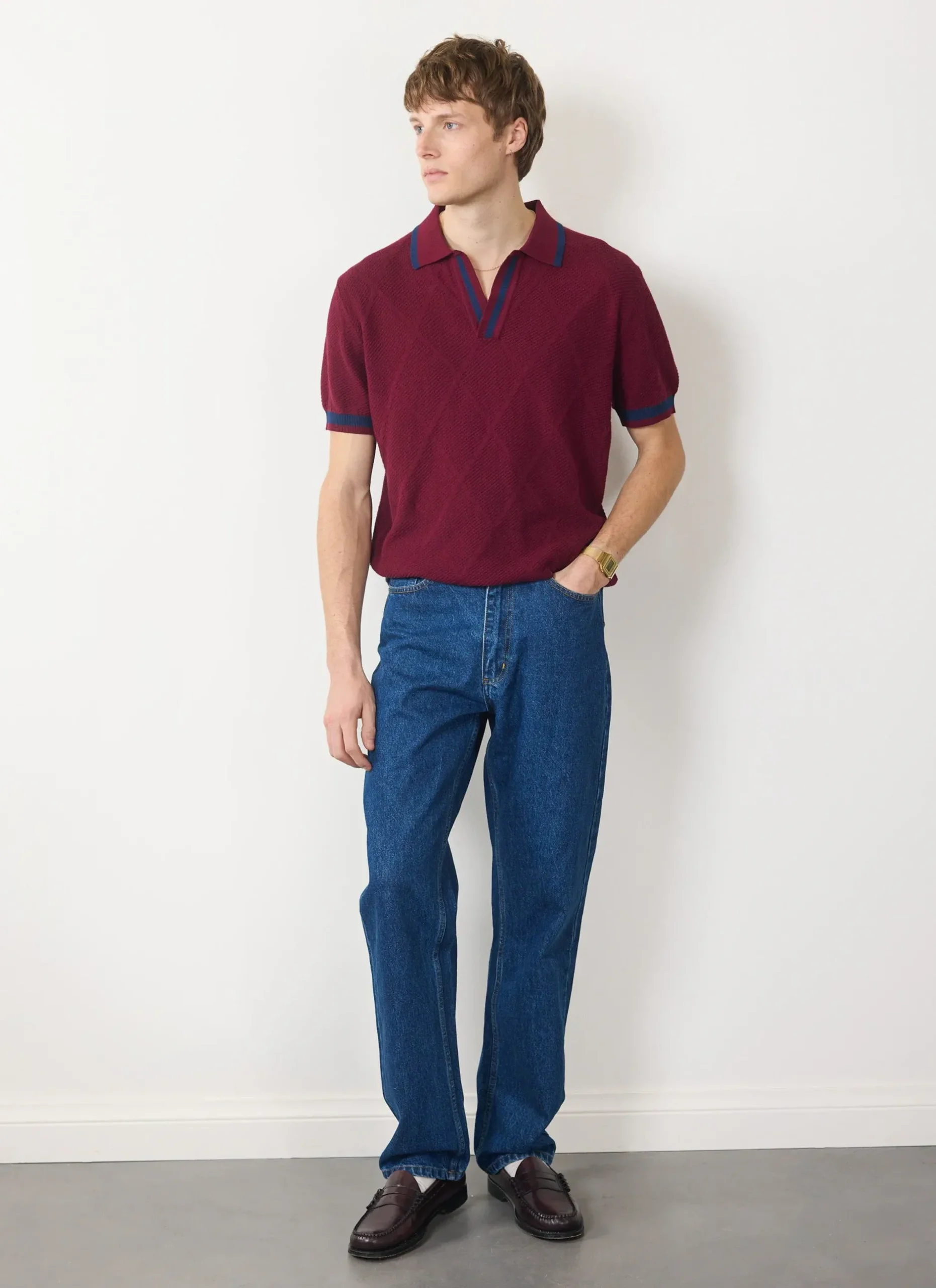 Percival Short Sleeve Shirts|Polo Shirts^Raised Diamond Knitted Polo Oxblood