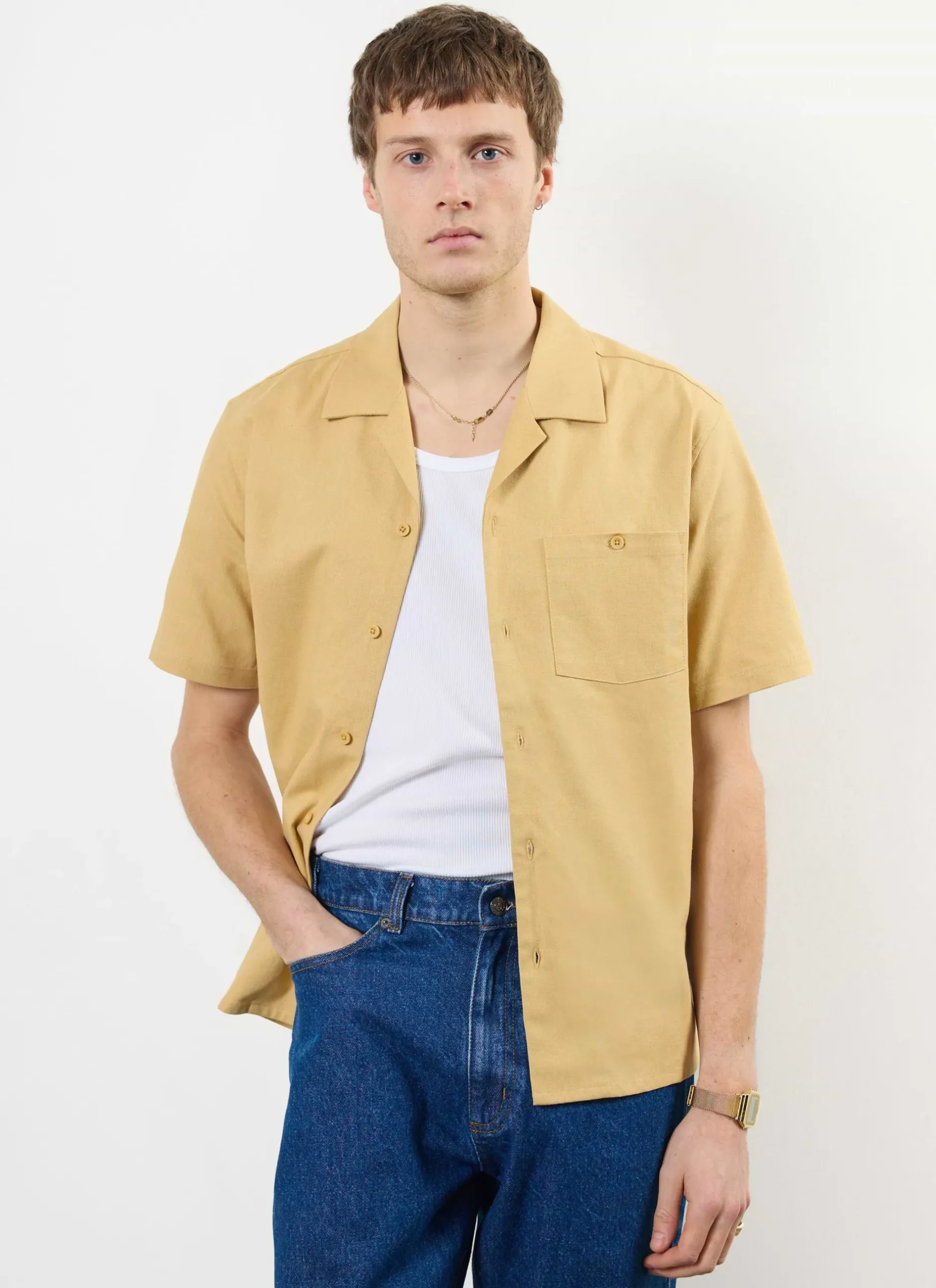 Percival Short Sleeve Shirts|Cuban Collared Shirts^Short Sleeve Cuban Shirt Tan