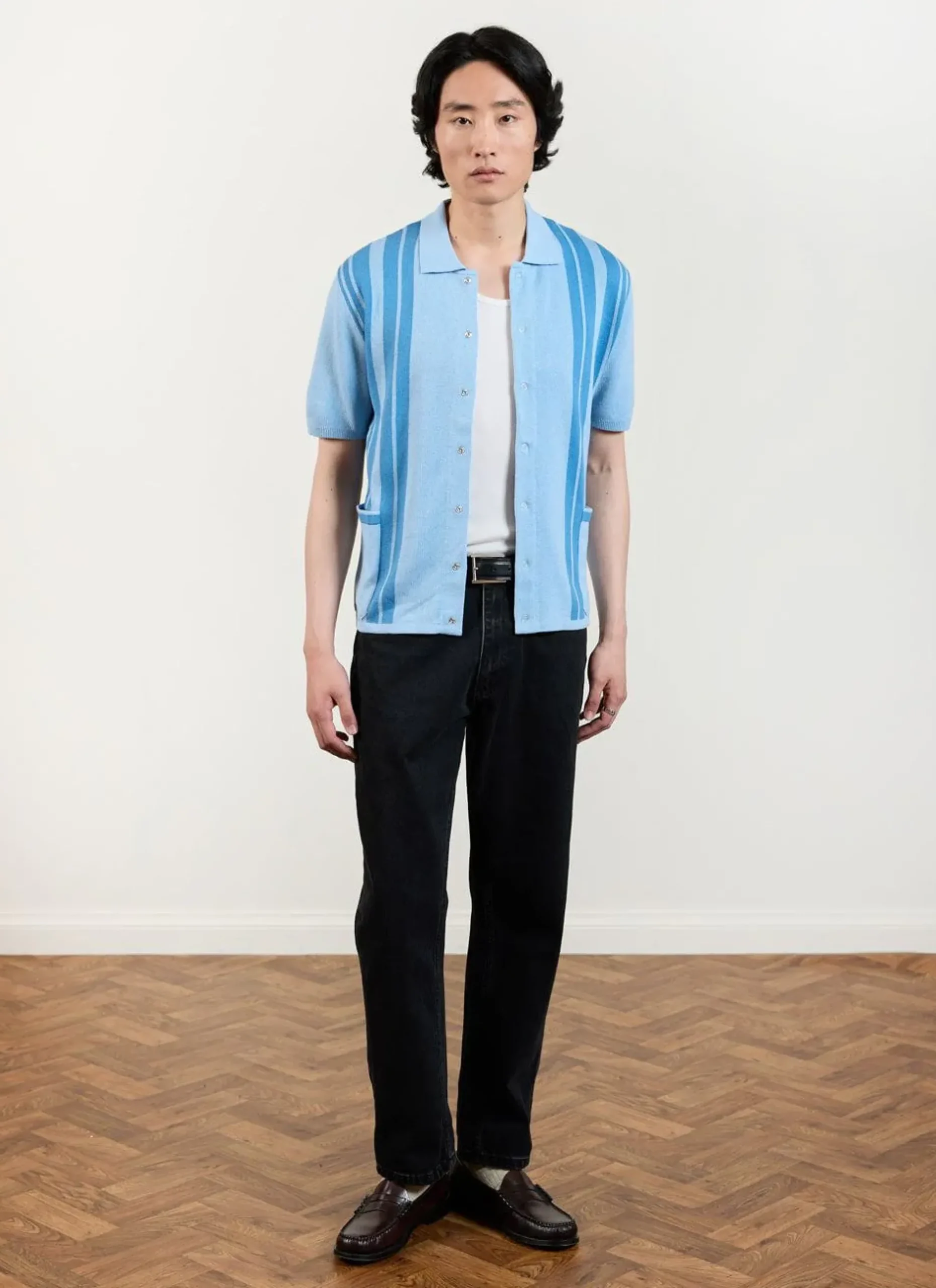Percival Short Sleeve Shirts|Knitted Shirts^Striped Knitted Shirt Blue